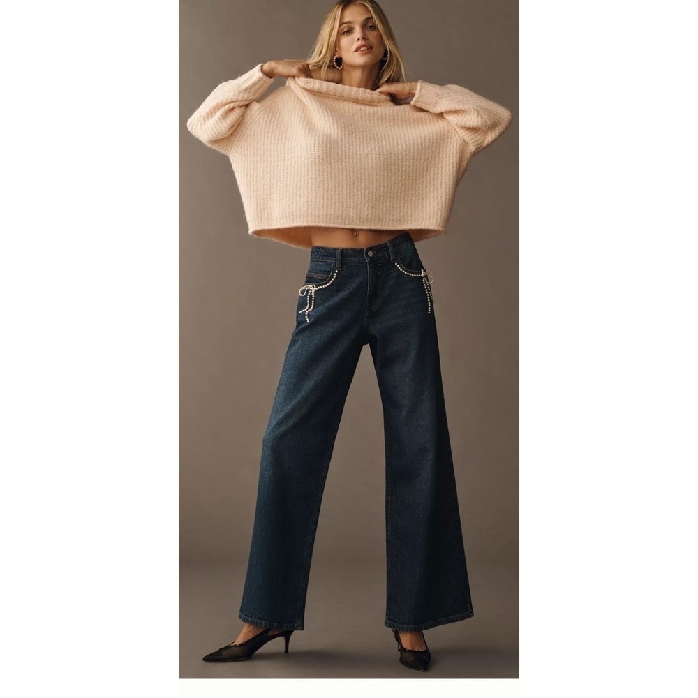 PILCRO NWT Pearl Embellished Bow Low Rise Wide Leg Jeans Women's Size 30T